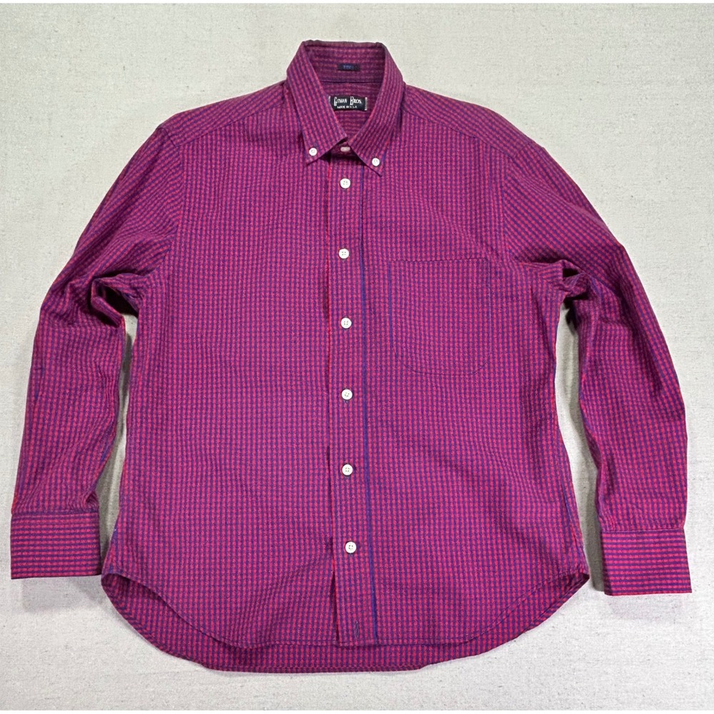 GITMAN BROS Men's Medium Gingham Plaid Button Burgundy Dress Shirt Long Sleeve